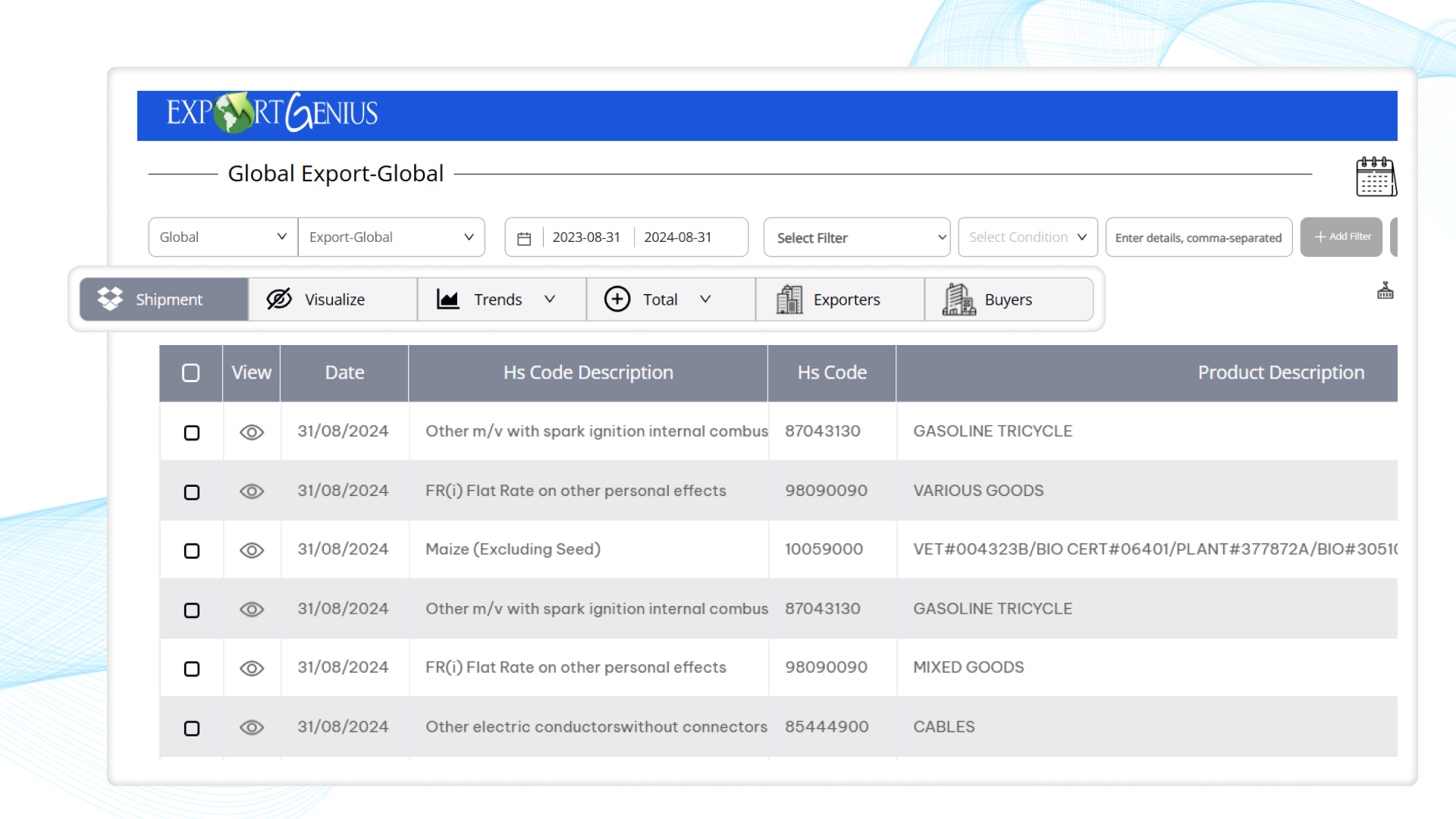 screenshot of Export Genius
